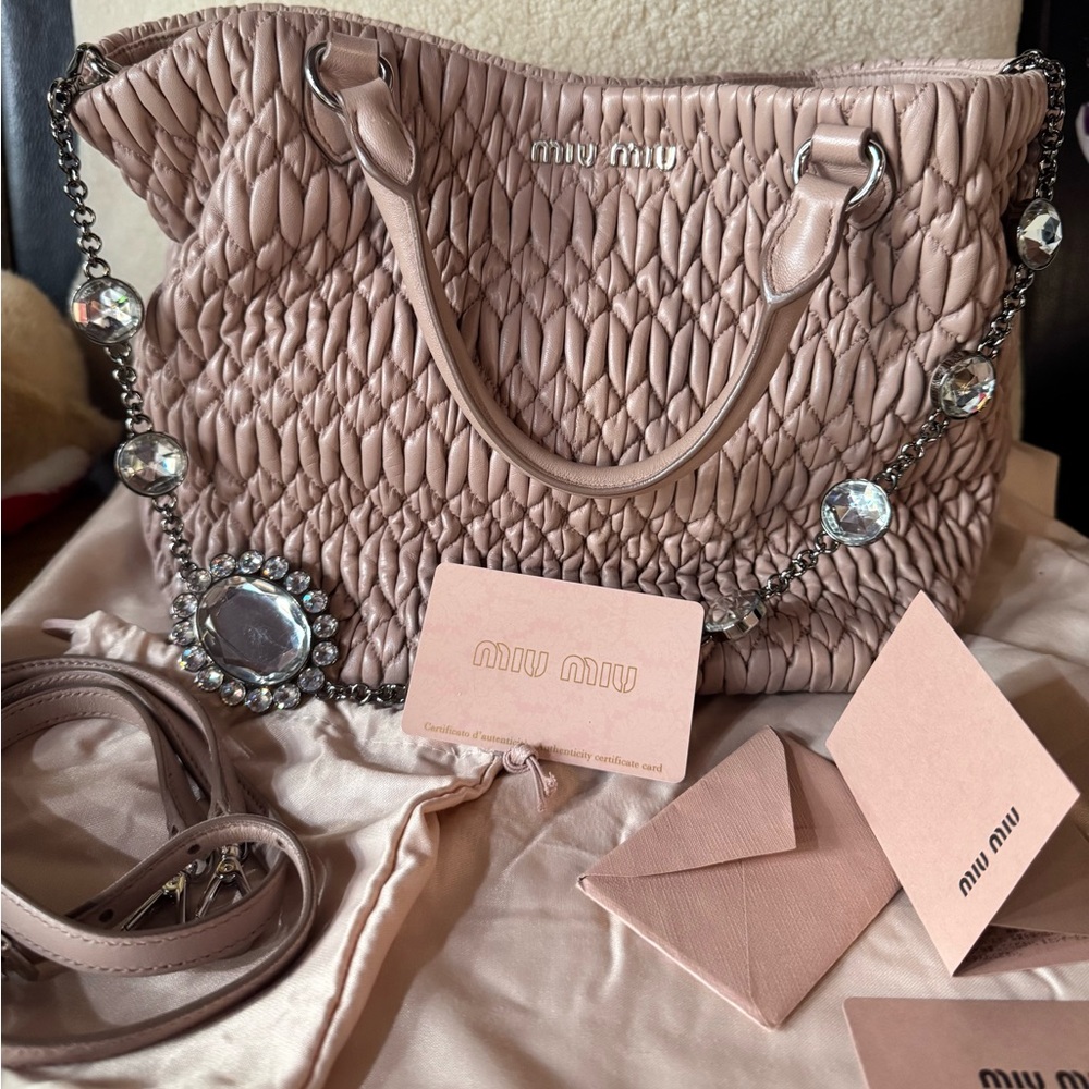 Miu Miu Matelasse  Napa Leather bag with Crystal charms/ pink - Picture 7 of 11